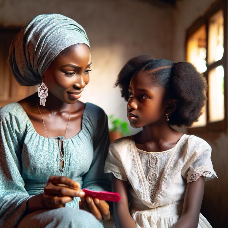 Mother explaining menstrual pad to young daughter as part of menstrual education for girls