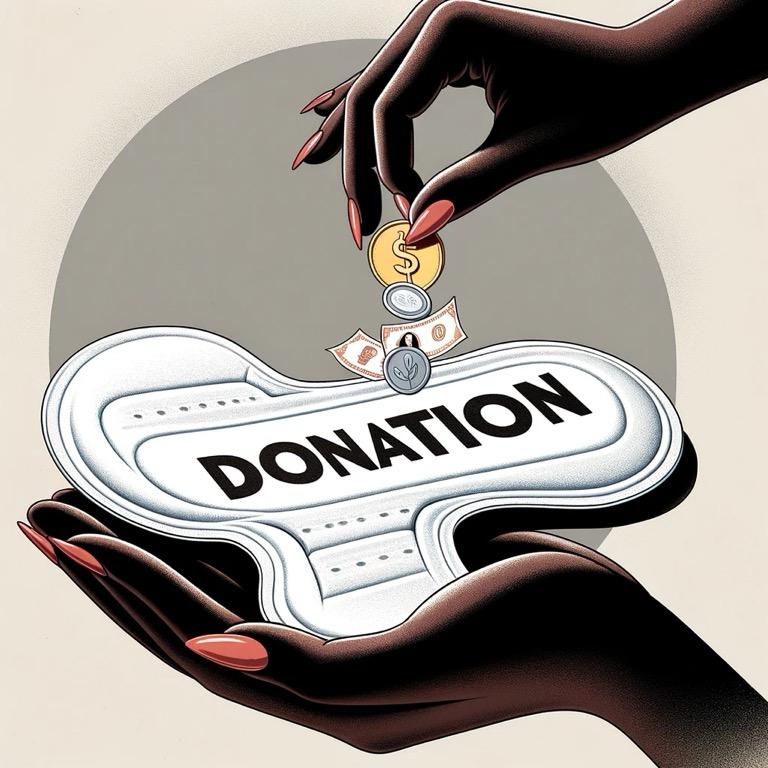 Image showing a hand holding out a sanitary pad, symbolizing donation to support allies against period poverty.