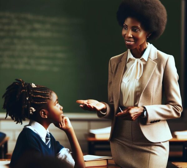 A teacher talking to a student, offering support and guidance.