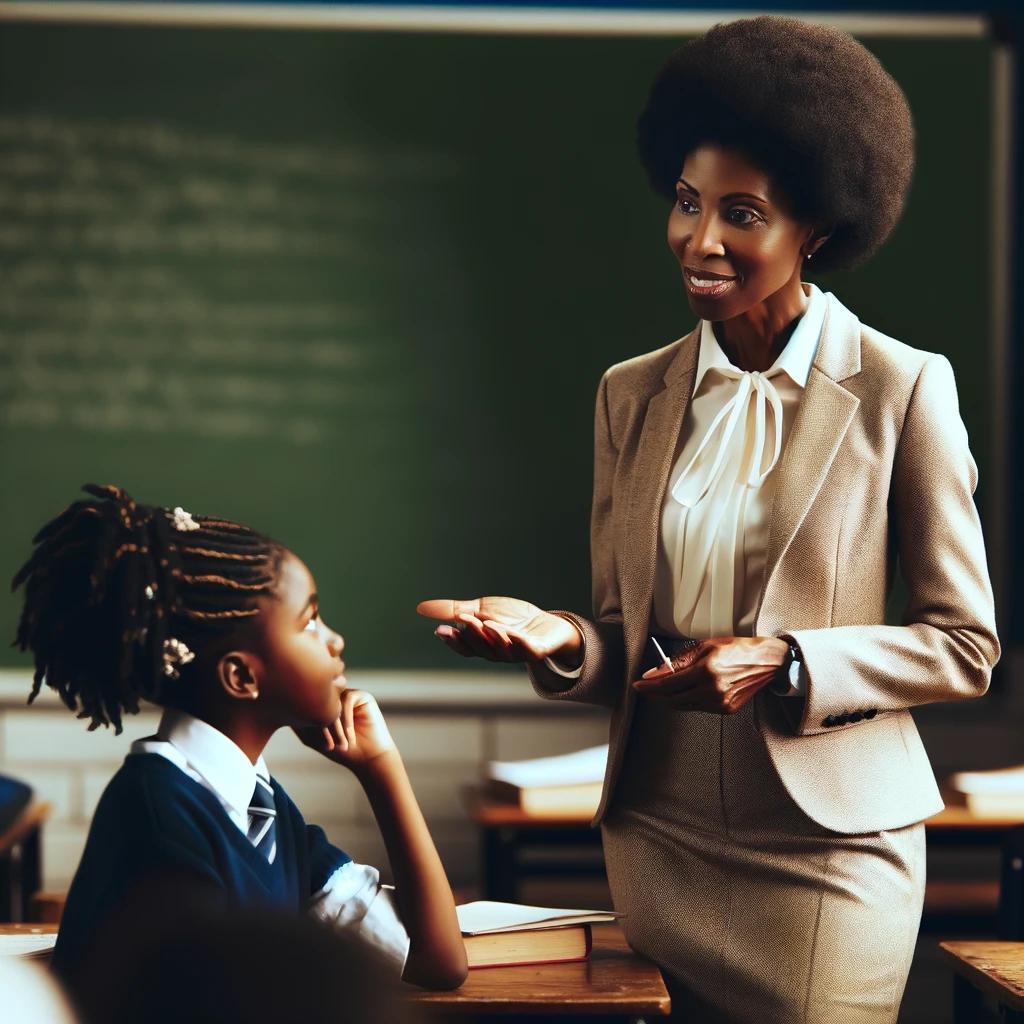 A teacher talking to a student, offering support and guidance.