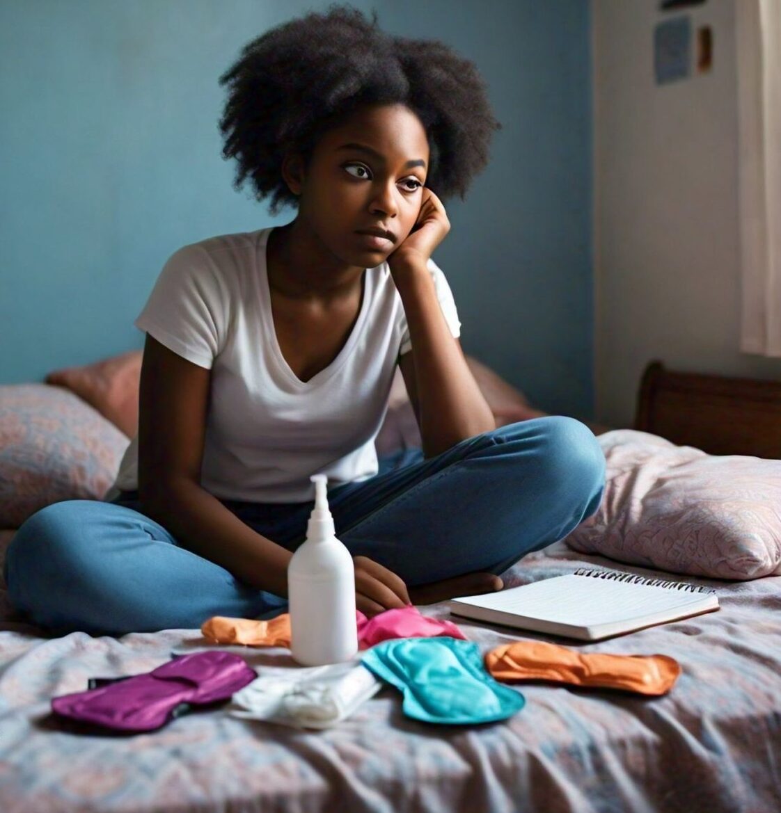 Image of a girl contemplating menstrual blood colors, reflecting the varied hues ranging from red to brown, pink, and even orange, representing the natural spectrum of menstrual flow.