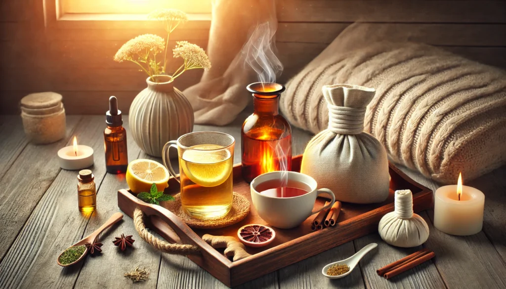 Cozy setting featuring Home remedies for menstrual cramps: a warm water bottle, steaming cup of chamomile herbal tea, glass of lemon water, and lavender essential oil on a wooden tray with soft blankets in the background, offering a calm and soothing atmosphere for natural pain relief.