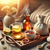 Cozy setting featuring Home remedies for menstrual cramps: a warm water bottle, steaming cup of chamomile herbal tea, glass of lemon water, and lavender essential oil on a wooden tray with soft blankets in the background, offering a calm and soothing atmosphere for natural pain relief.