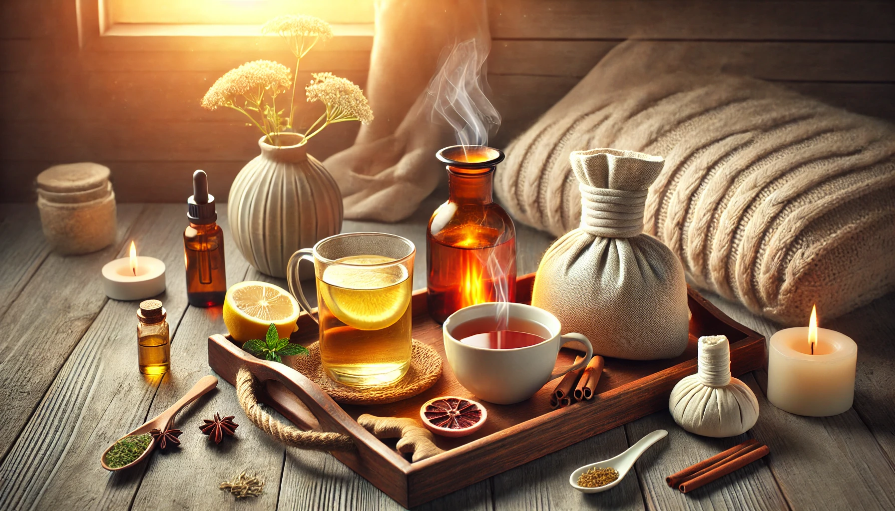 Cozy setting featuring Home remedies for menstrual cramps: a warm water bottle, steaming cup of chamomile herbal tea, glass of lemon water, and lavender essential oil on a wooden tray with soft blankets in the background, offering a calm and soothing atmosphere for natural pain relief.