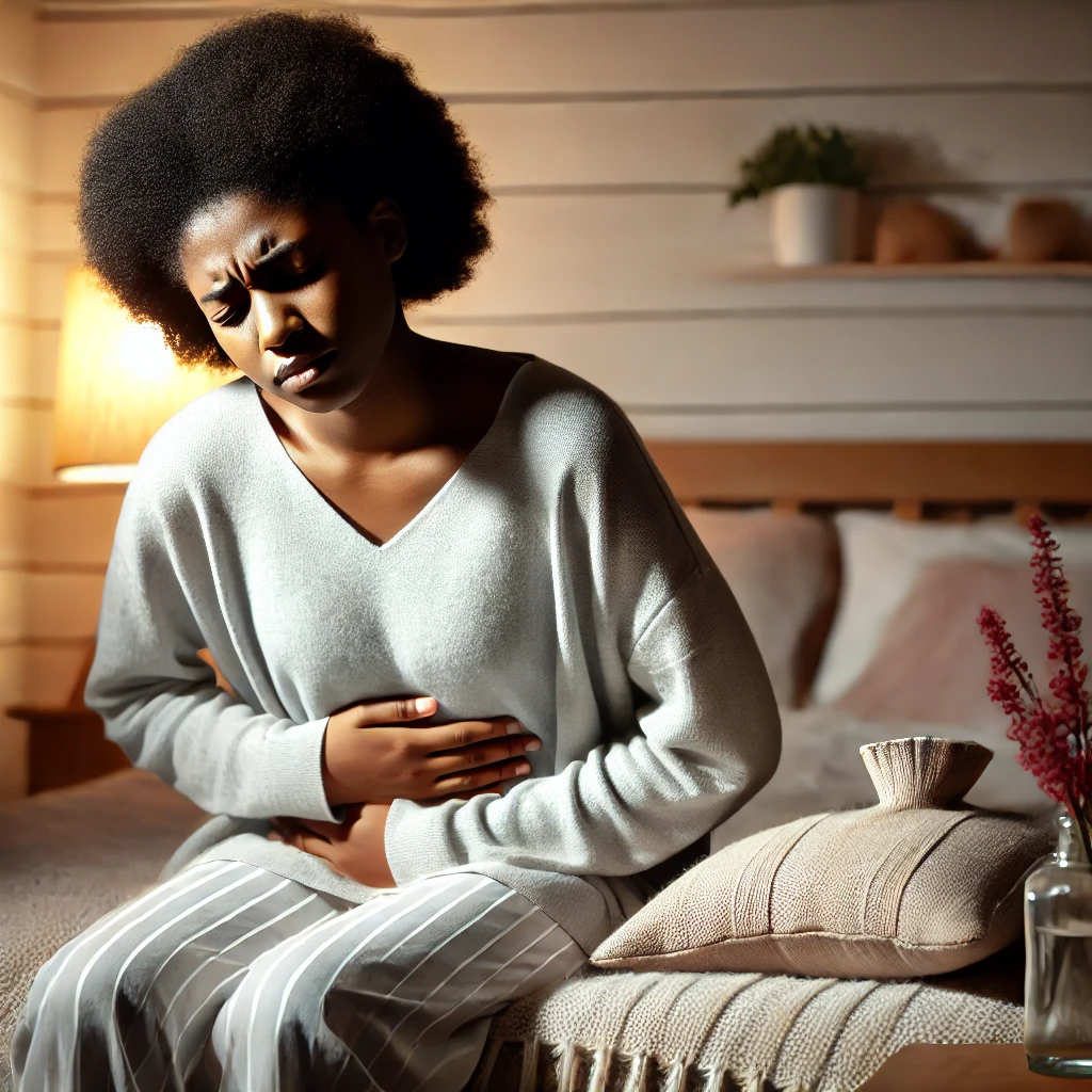 young Black girl sitting on a bed, holding her stomach with a pained expression, symbolizing the need for advanced tips for beating period cramps. The setting includes a cozy bedroom with soft lighting, a warm blanket, and a hot water bottle nearby.