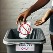 Hands of a Black young girl on Safe Disposal of Sanitary Products into a labeled sanitary disposal bin.