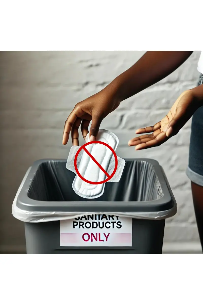 Hands of a Black young girl on Safe Disposal of Sanitary Products into a labeled sanitary disposal bin.