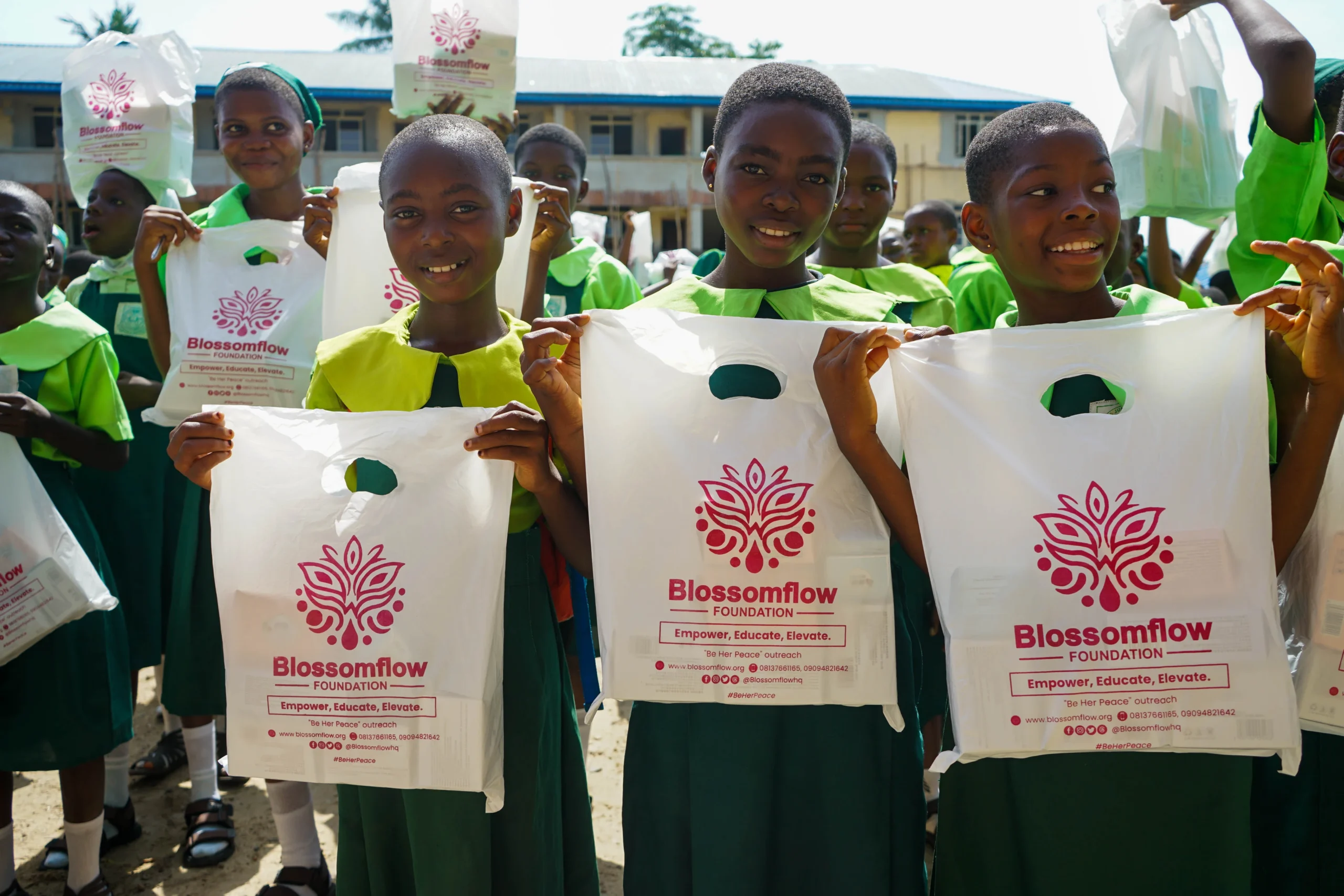 Blossomflow Foundation sanitary supplies outreach event providing essential hygiene products to over 800 girls at Festac Girls Secondary School.