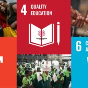 Illustration of SDGs 4, 5 and 6 representing education, gender equality and clean water in relation to period poverty and SDGs