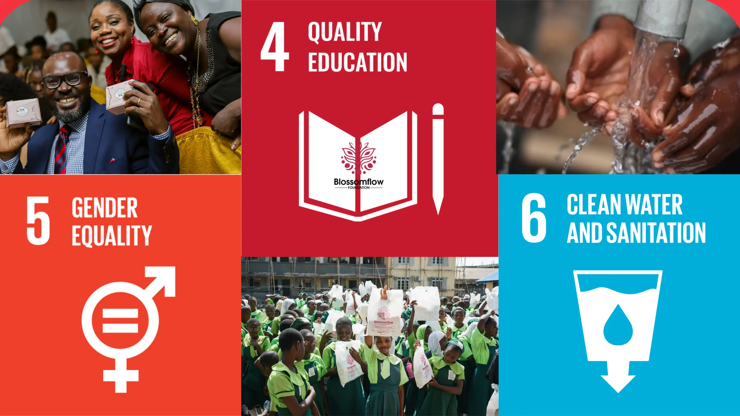Illustration of SDGs 4, 5 and 6 representing education, gender equality and clean water in relation to period poverty and SDGs