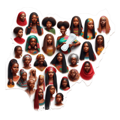 Map of Nigeria with girls from various tribes holding sanitary pads, representing Blossomflow Foundation's mission to eliminate period poverty.