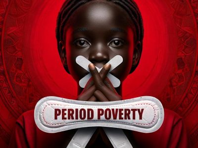 oung girl holding a sanitary pad with the words 'Period Poverty' in bold, emphasizing the need for menstrual health education and menstrual equity.